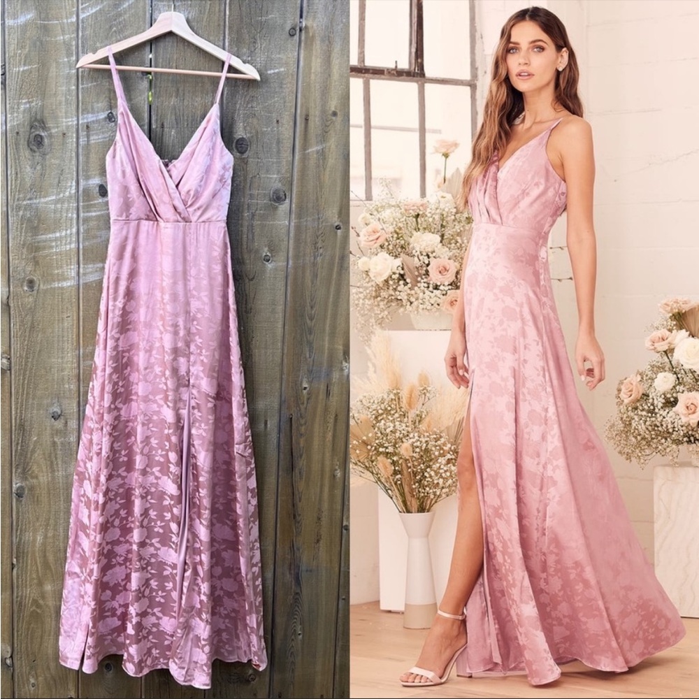 Dusty Rose Blush Mauve Satin Jacquard Maxi Dress 🌿